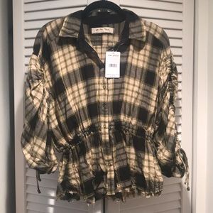 New Free People Black Plaid Combo Top